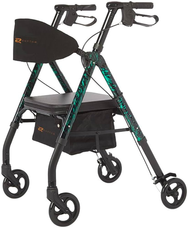 Four wheeled walker with adjustable seat and handles. This walker comes in laser blue, laser green, aqua and Laser Red