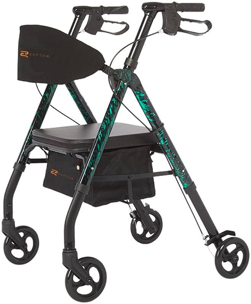 Rythem Walker - Four wheeled walker with adjustable seat and handles. This walker comes in laser blue, laser green, aqua and Laser Red